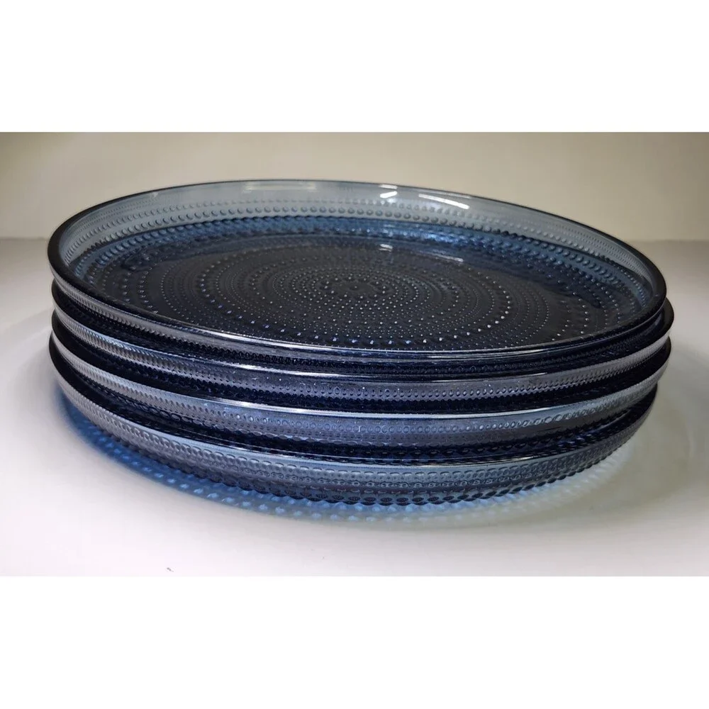 Set of 4 Iittala Kastehelmi Blue Rain Plates Oiva Toikka 9 5/8